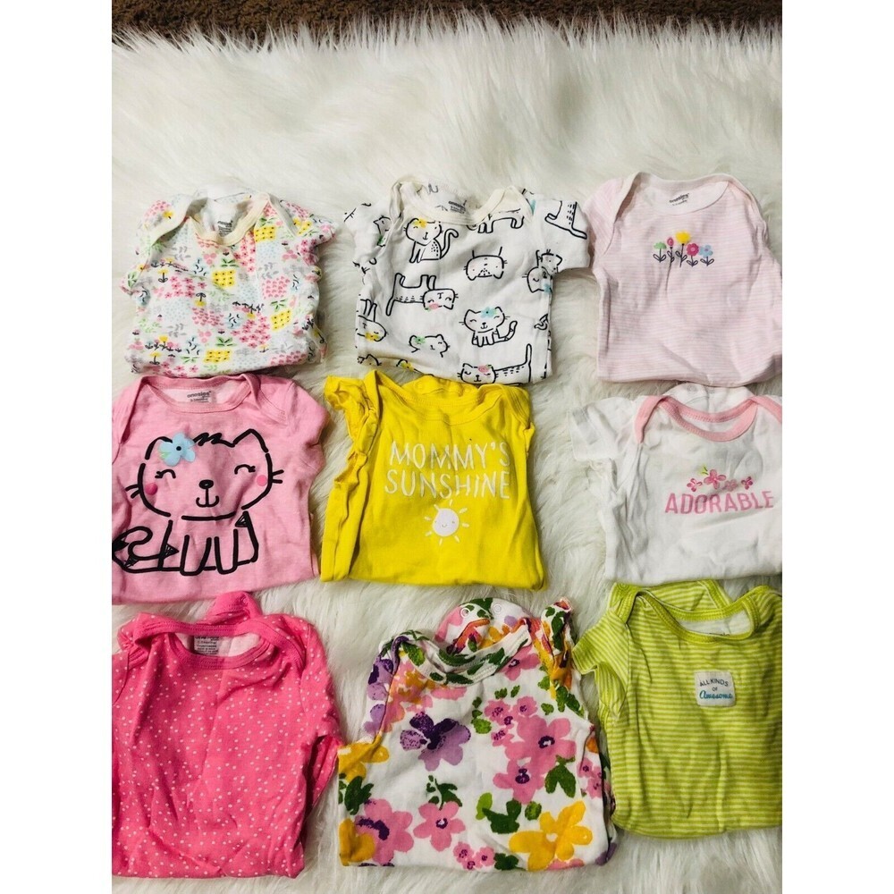 Baby Bodysuit 9 Pieces Assorted Pink White Yellow Floral 0-3 Months